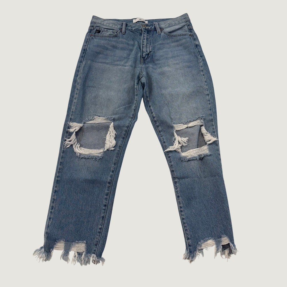 KanCan Regina Mom Jeans Women's 9/28 High Rise Distressed Blue Denim Raw Hem